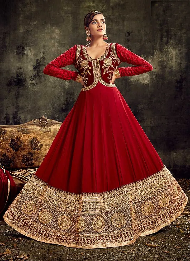 Maroon Embroidered Kalidar Anarkali Style Suit