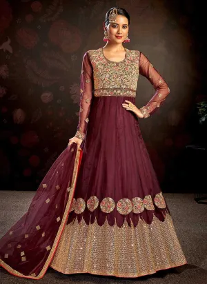 Maroon Floral Embroidered Stylish Kalidar Anarkali