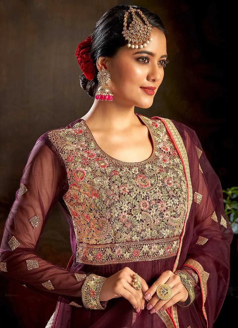 Maroon Floral Embroidered Stylish Kalidar Anarkali