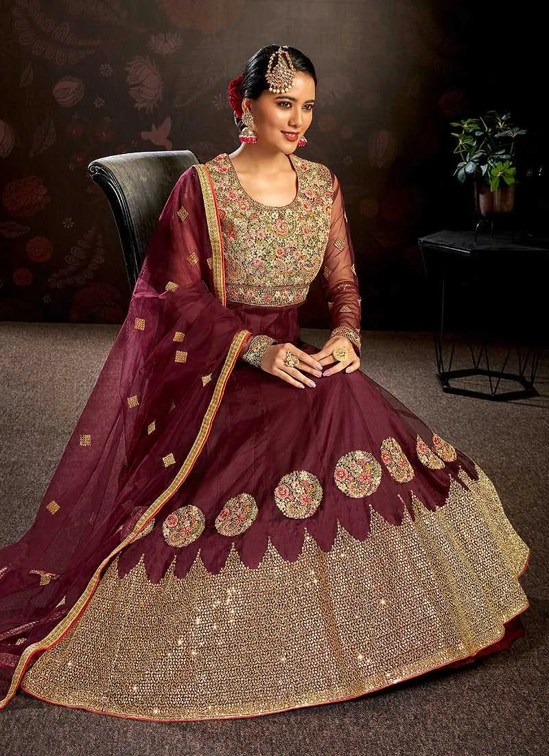Maroon Floral Embroidered Stylish Kalidar Anarkali