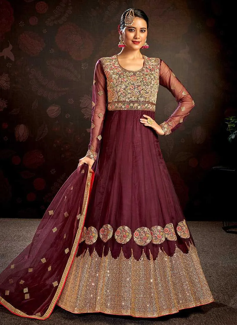 Maroon Floral Embroidered Stylish Kalidar Anarkali