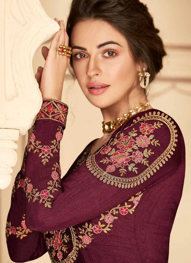 Maroon Floral Heavy Embroidered Kalidar Anarkali Suit