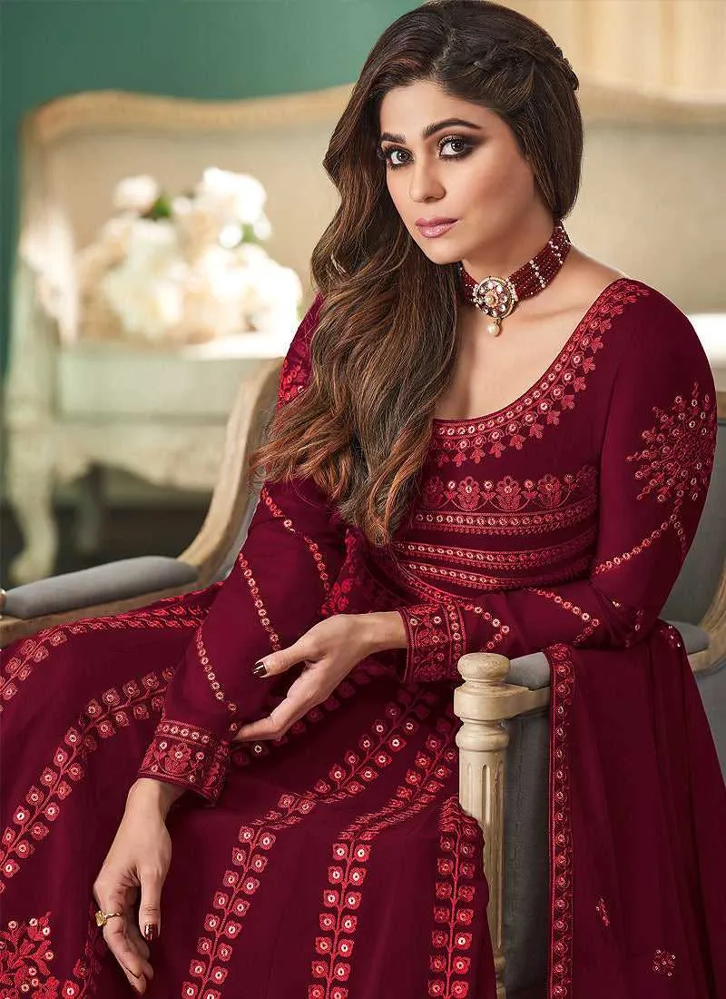Maroon Heavy Embroidered Gown Style Anarkali