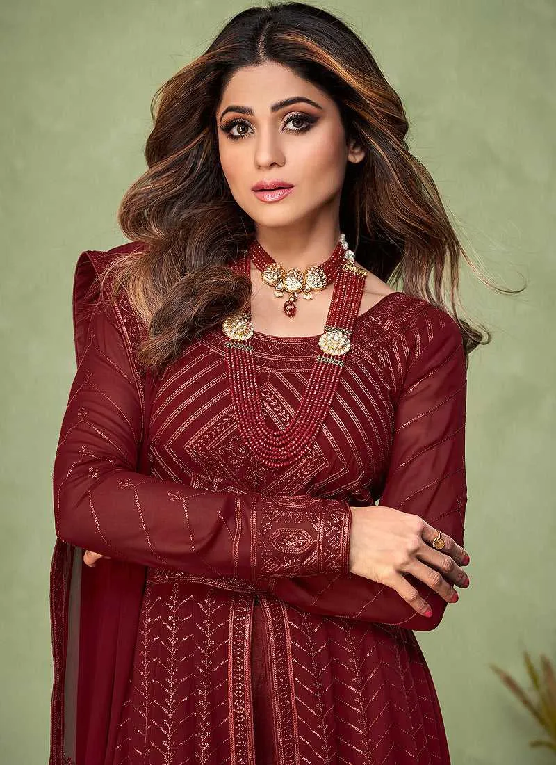 Maroon Heavy Embroidered Kalidar Anarkali Suit