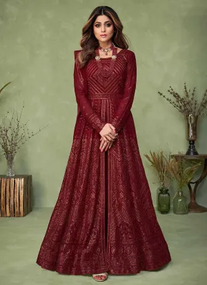 Maroon Heavy Embroidered Kalidar Anarkali Suit