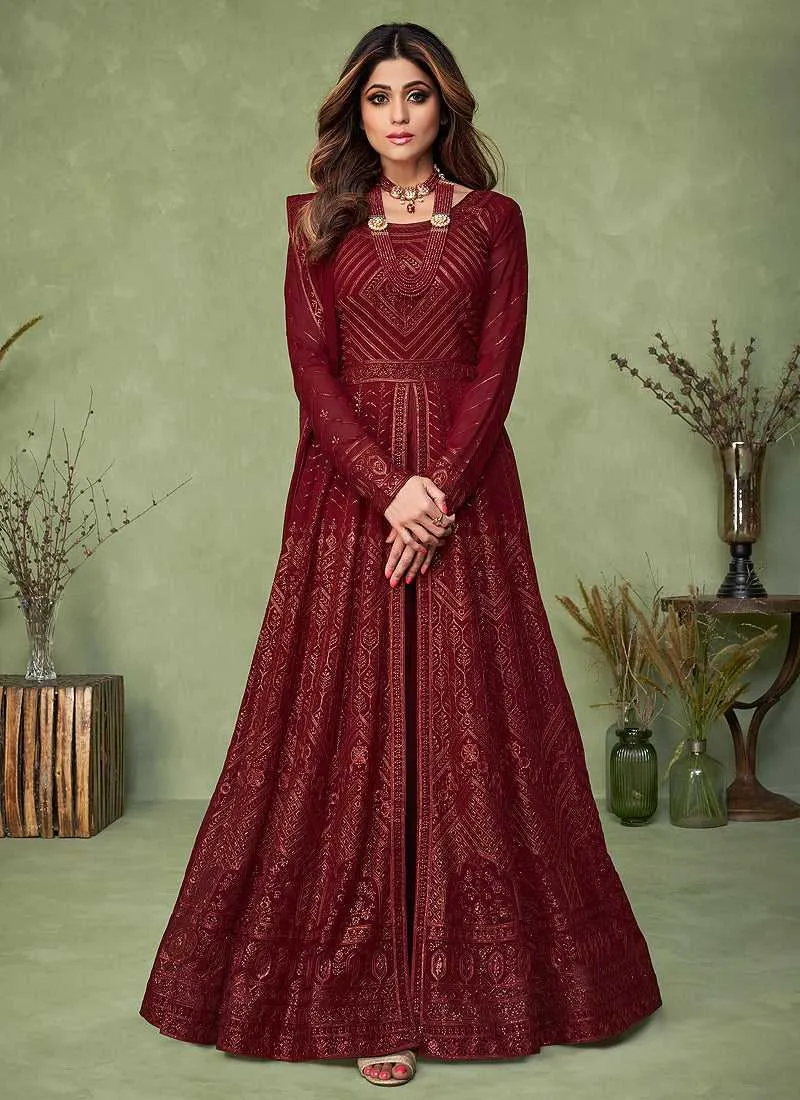 Maroon Heavy Embroidered Kalidar Anarkali Suit