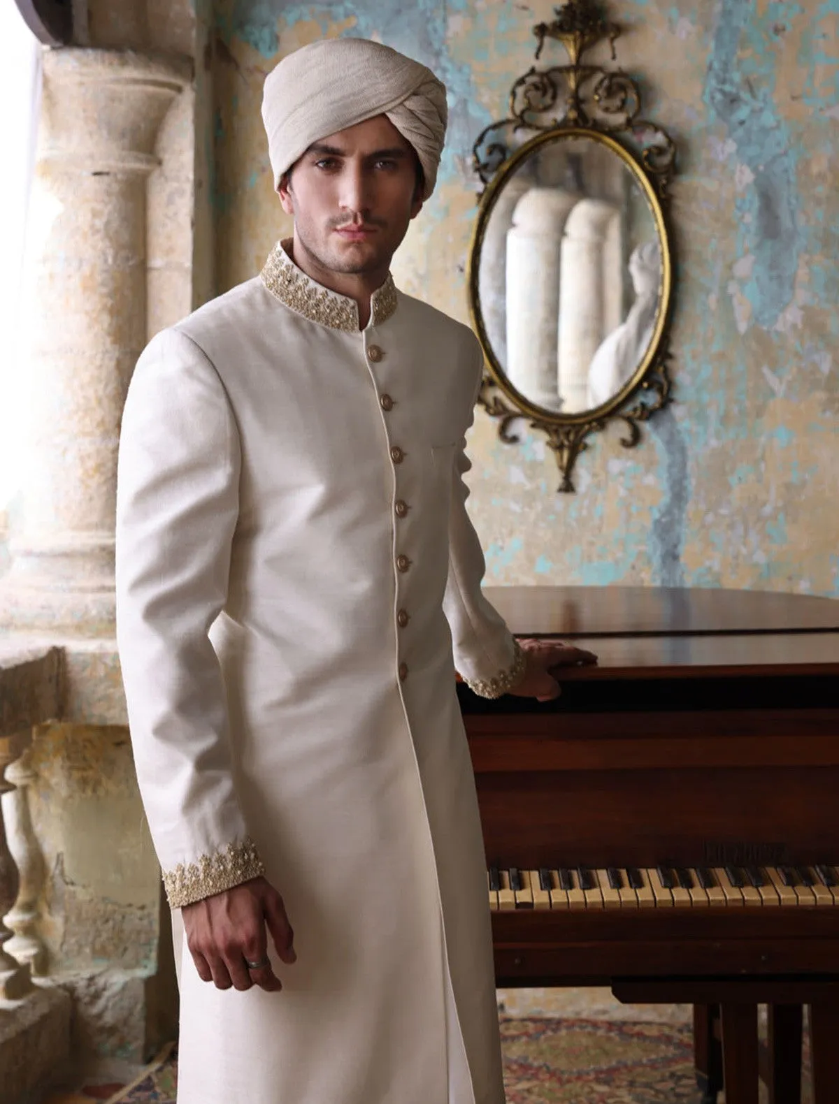Mens White Sherwani for Grooms Wedding Wear #GN100