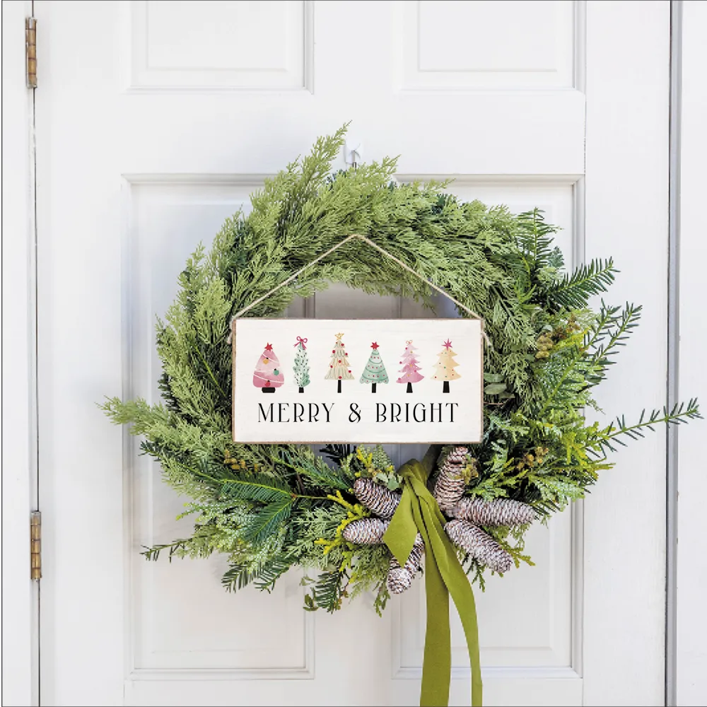 Merry & Bright Festive Christmas Trees Twine Hanging Sign