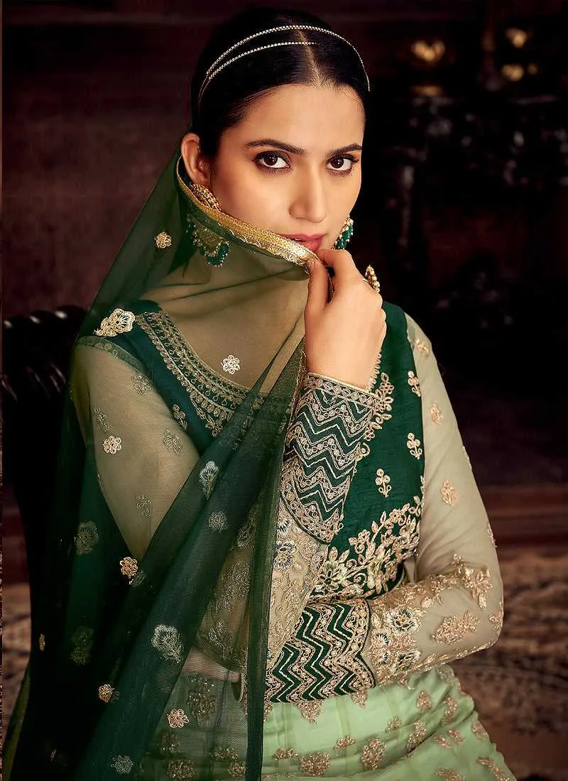 Mint and Green Embroidered Kalidar Designer Anarkali Suit