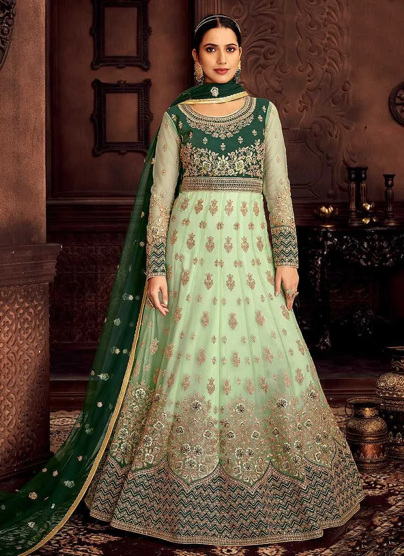 Mint and Green Embroidered Kalidar Designer Anarkali Suit
