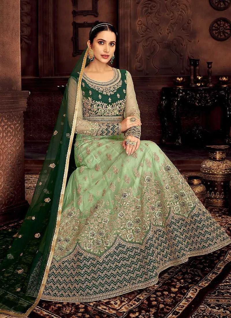 Mint and Green Embroidered Kalidar Designer Anarkali Suit