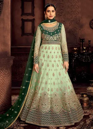 Mint and Green Embroidered Kalidar Designer Anarkali Suit