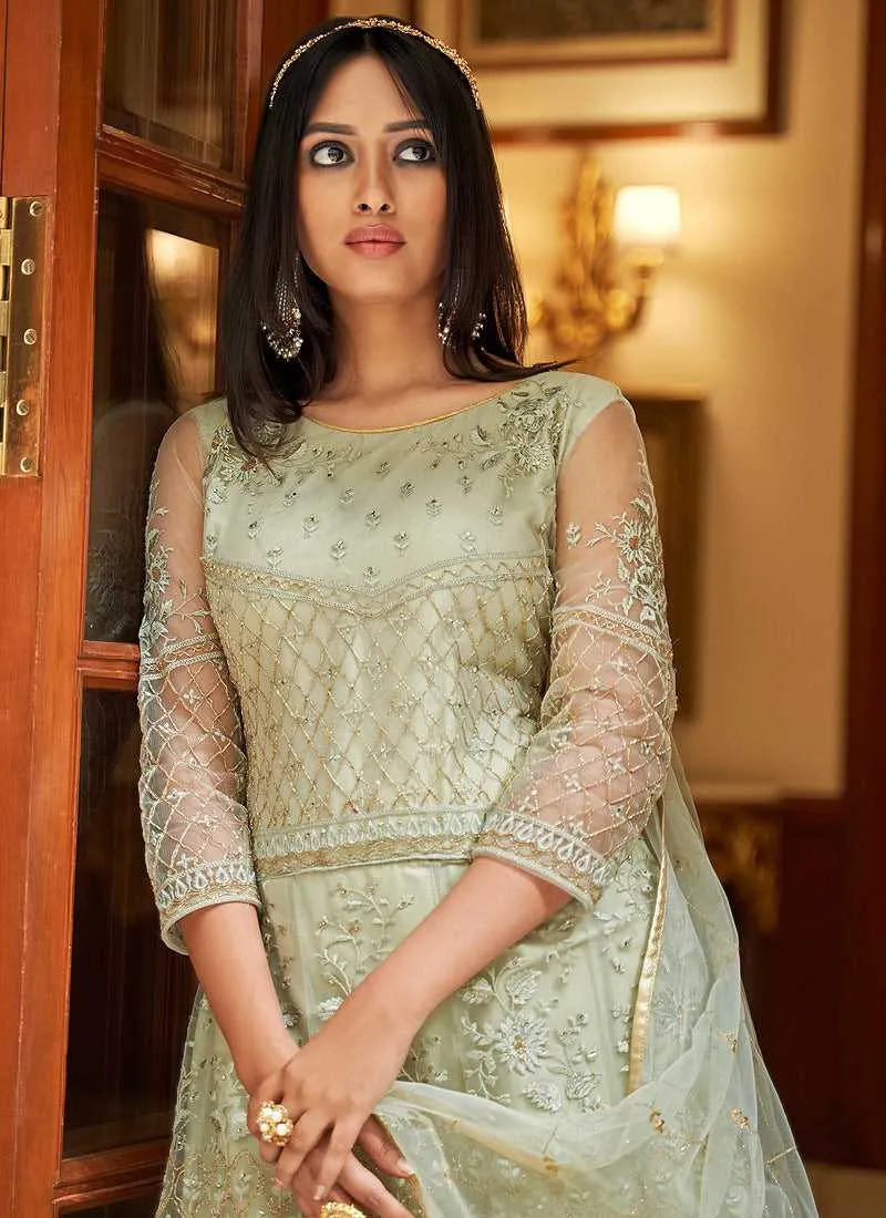 Mint Green Floral Designer Embroidered Kalidar Anarkali