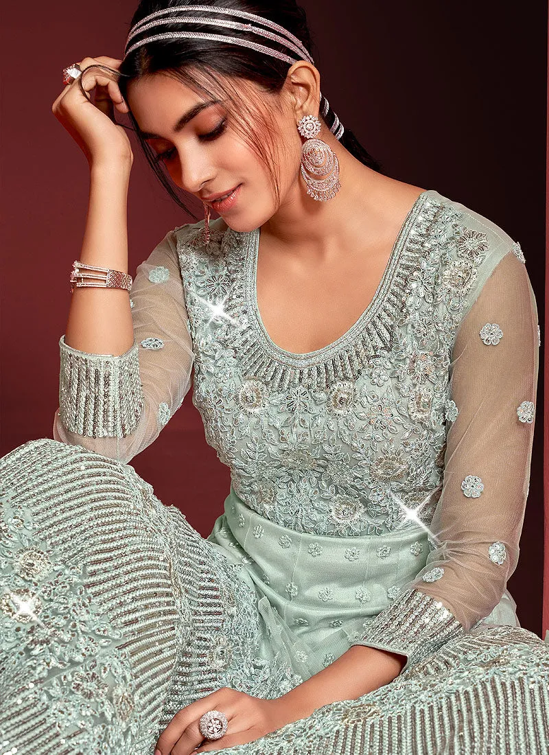 Mint Green Heavy Embroidered Kalidar Anarkali