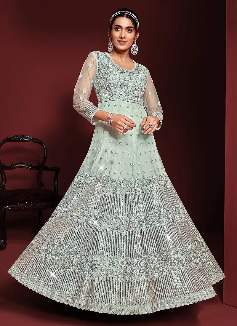 Mint Green Heavy Embroidered Kalidar Anarkali
