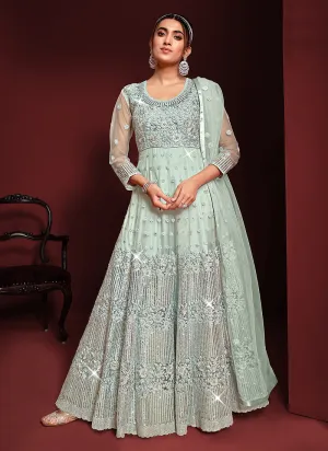 Mint Green Heavy Embroidered Kalidar Anarkali