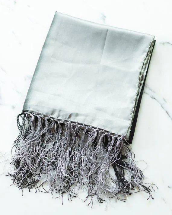 MNG Black and Gray Silky Evening Wrap, Fringe
