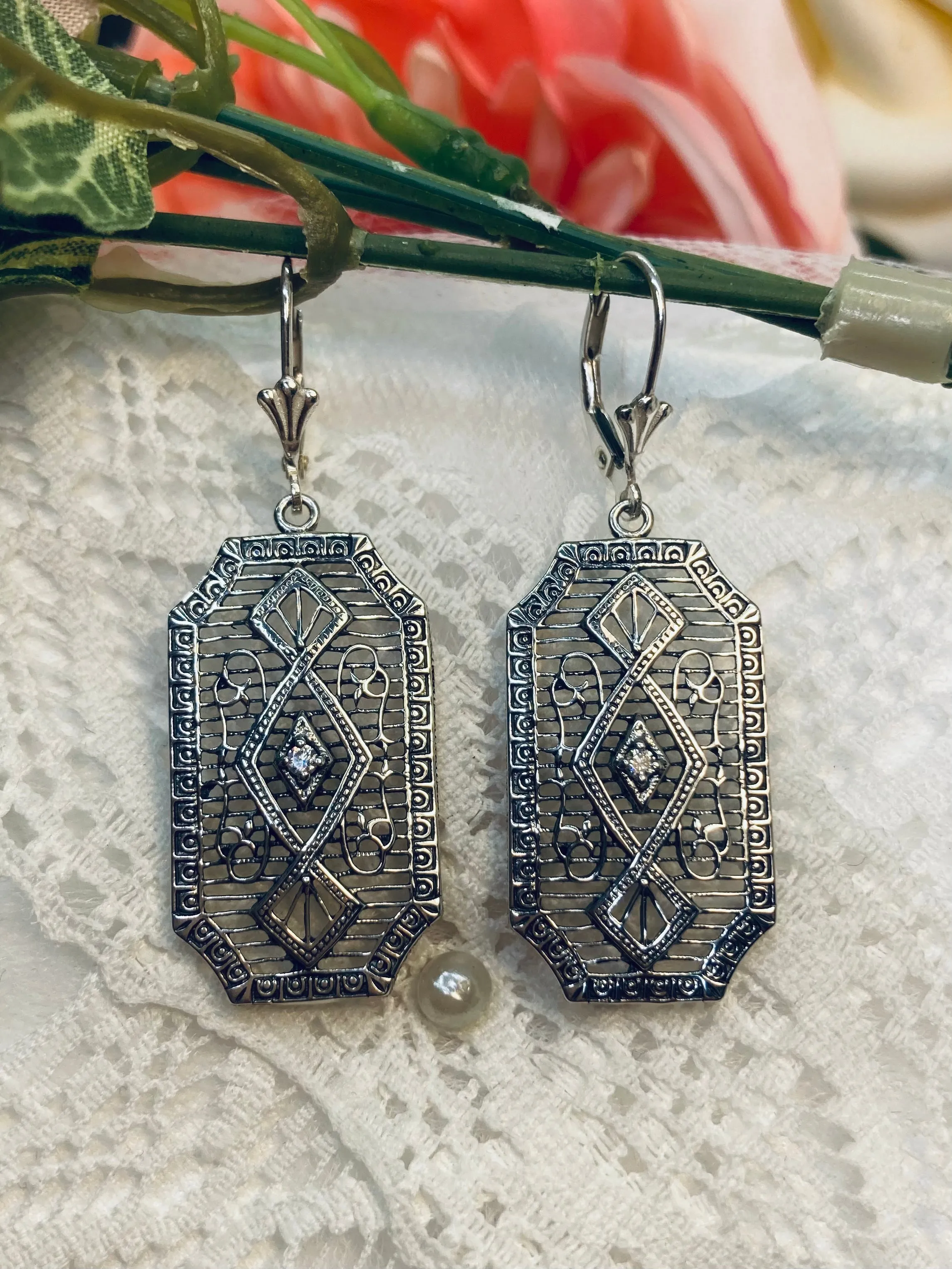 Moissanite Earrings, Geometric Art Deco Inspired Vintage Revival Jewelry #E357