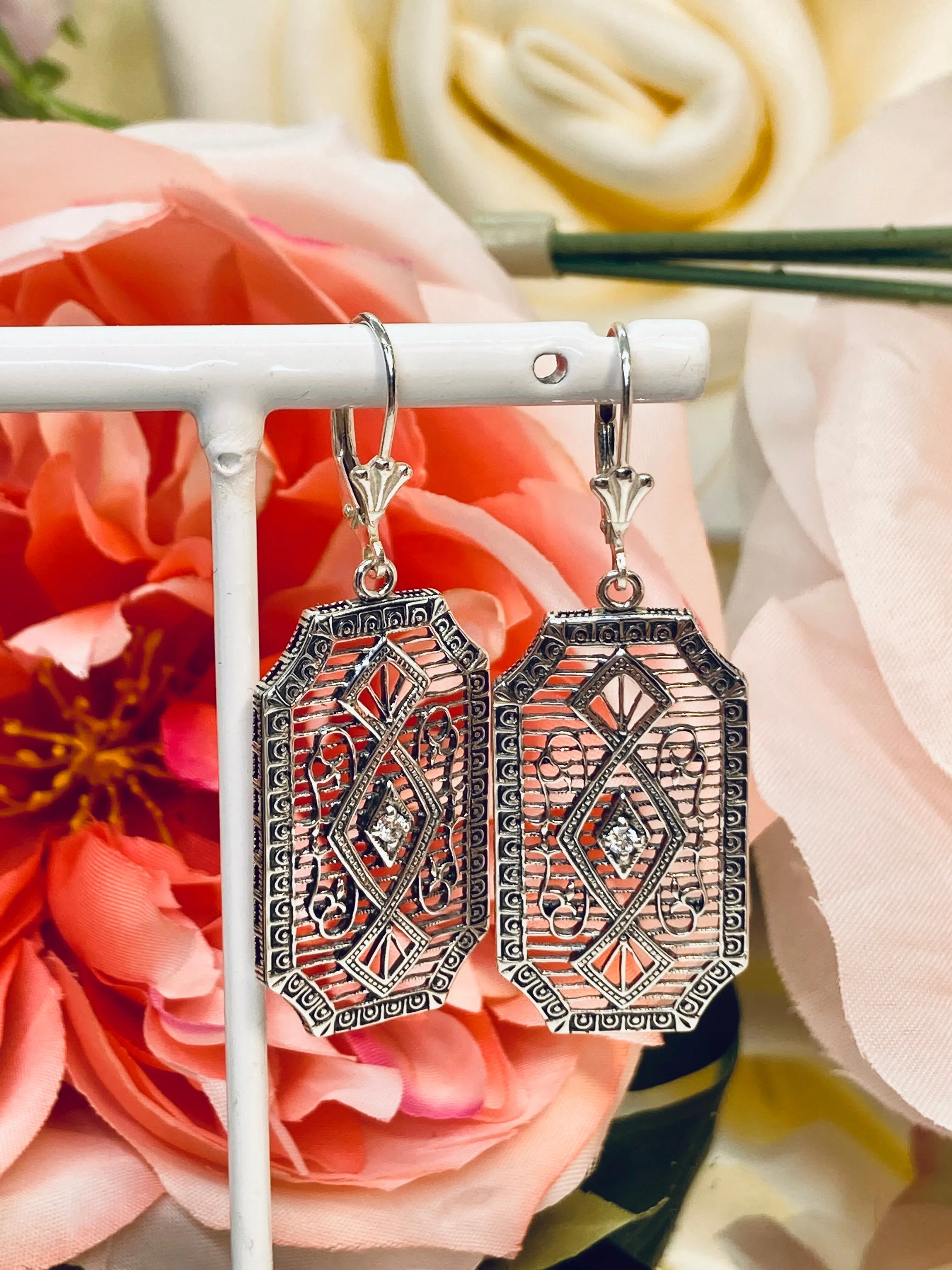 Moissanite Earrings, Geometric Art Deco Inspired Vintage Revival Jewelry #E357