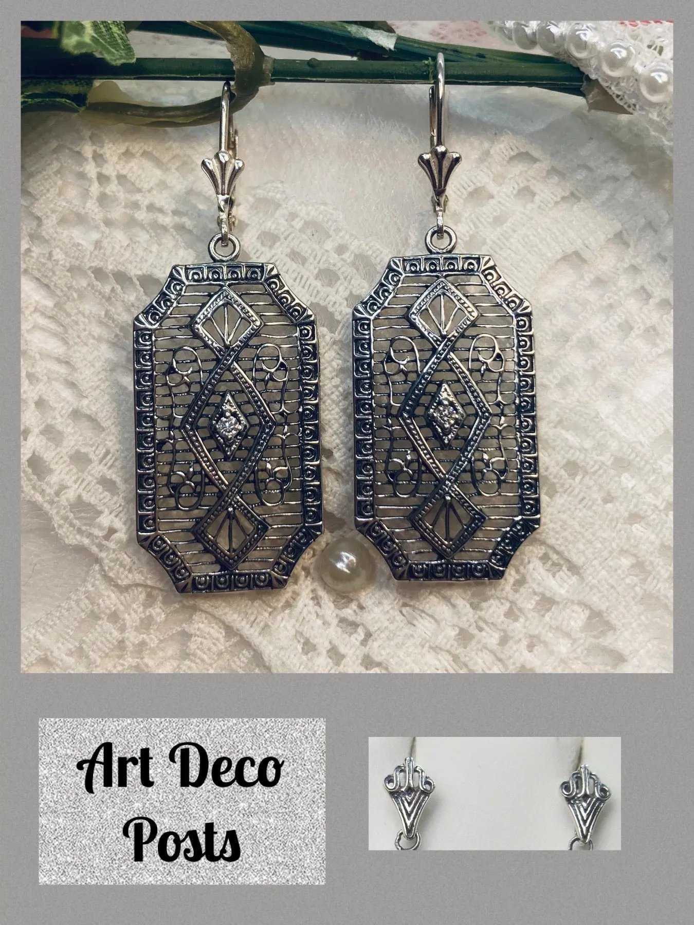Moissanite Earrings, Geometric Art Deco Inspired Vintage Revival Jewelry #E357