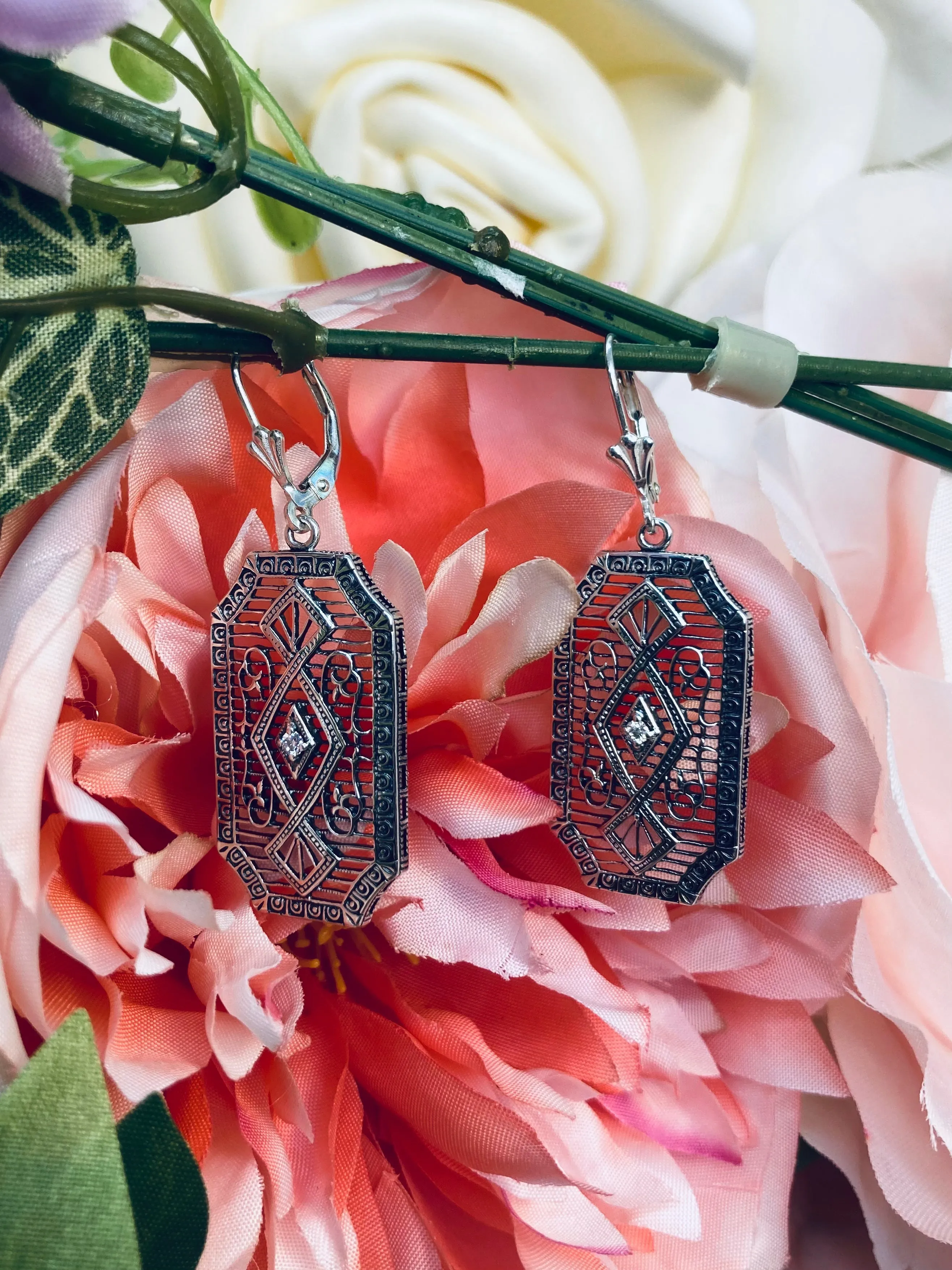 Moissanite Earrings, Geometric Art Deco Inspired Vintage Revival Jewelry #E357