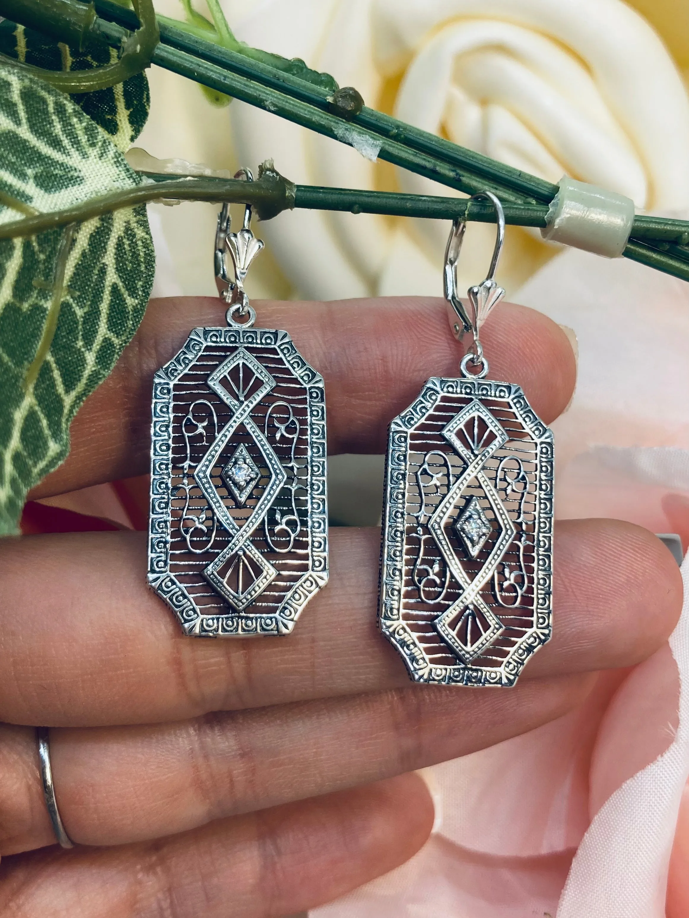 Moissanite Earrings, Geometric Art Deco Inspired Vintage Revival Jewelry #E357