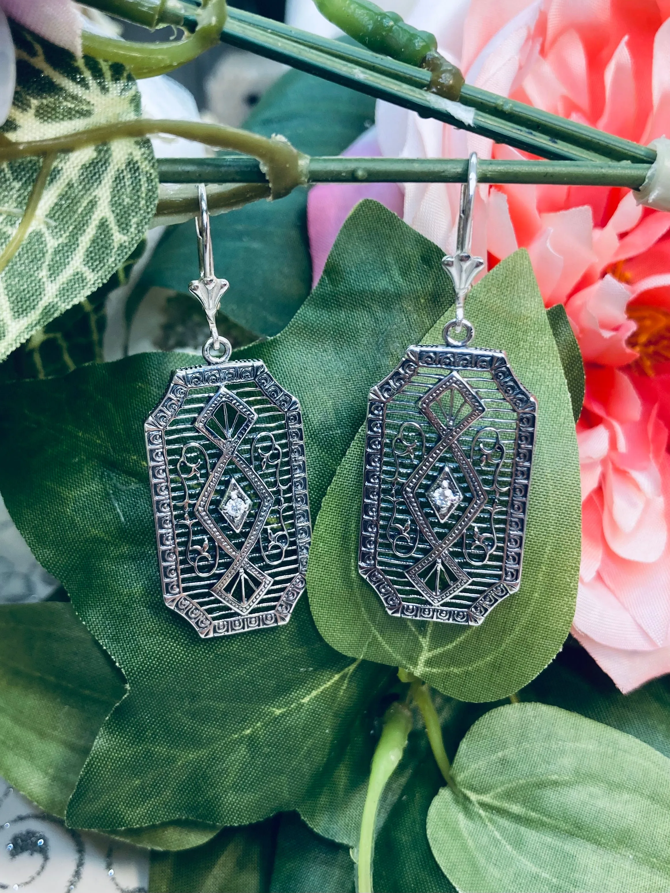 Moissanite Earrings, Geometric Art Deco Inspired Vintage Revival Jewelry #E357