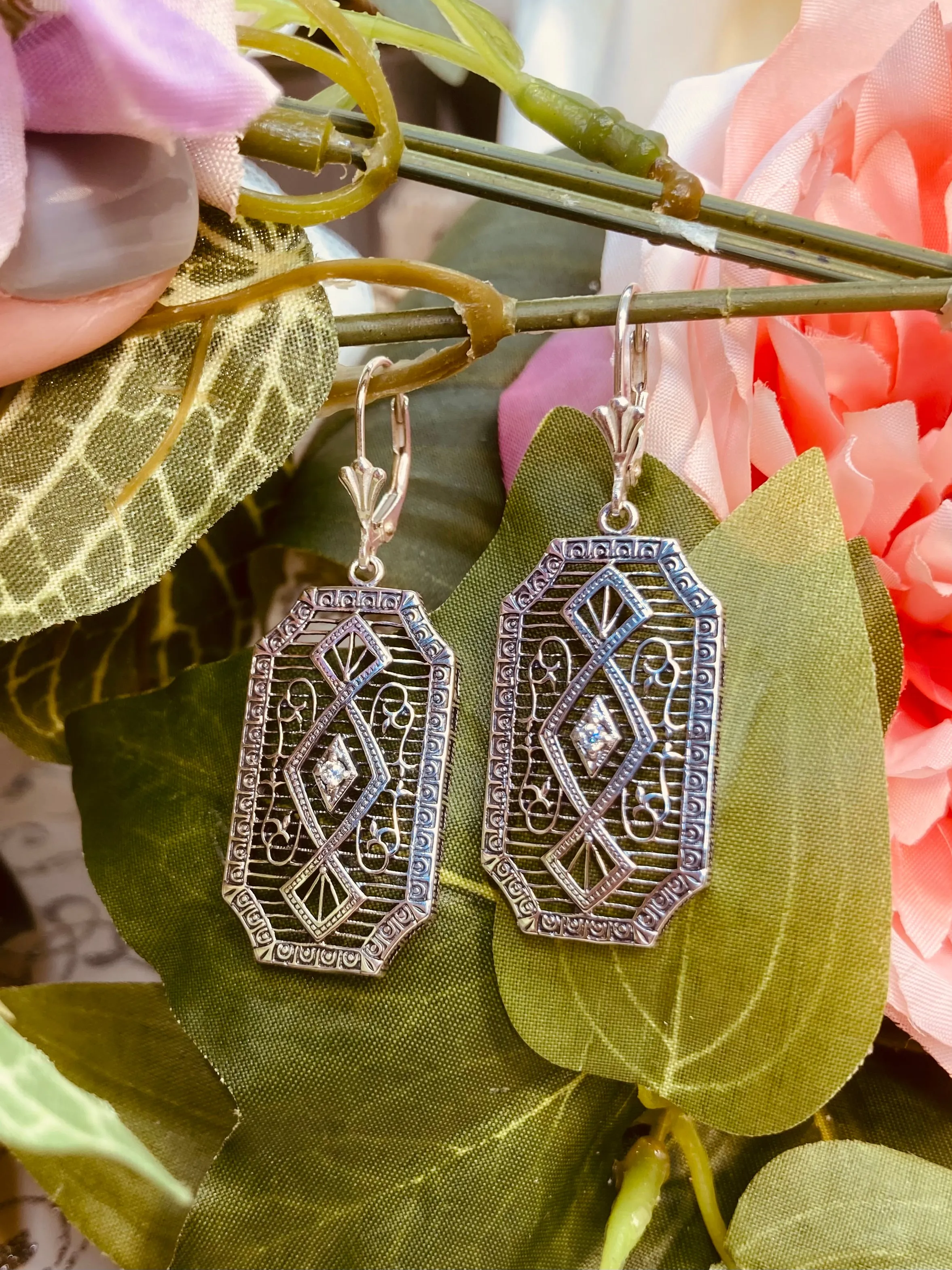 Moissanite Earrings, Geometric Art Deco Inspired Vintage Revival Jewelry #E357