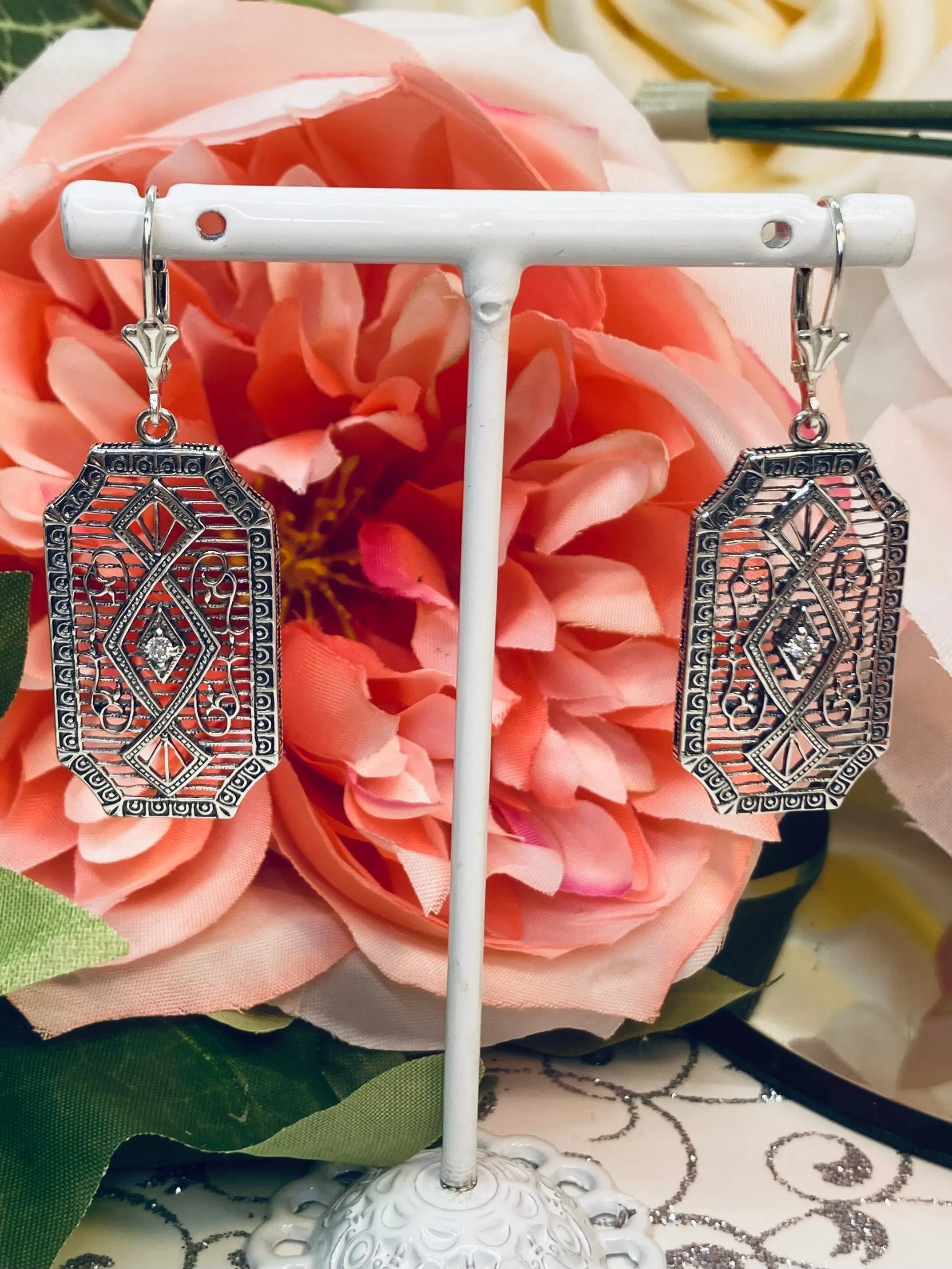 Moissanite Earrings, Geometric Art Deco Inspired Vintage Revival Jewelry #E357