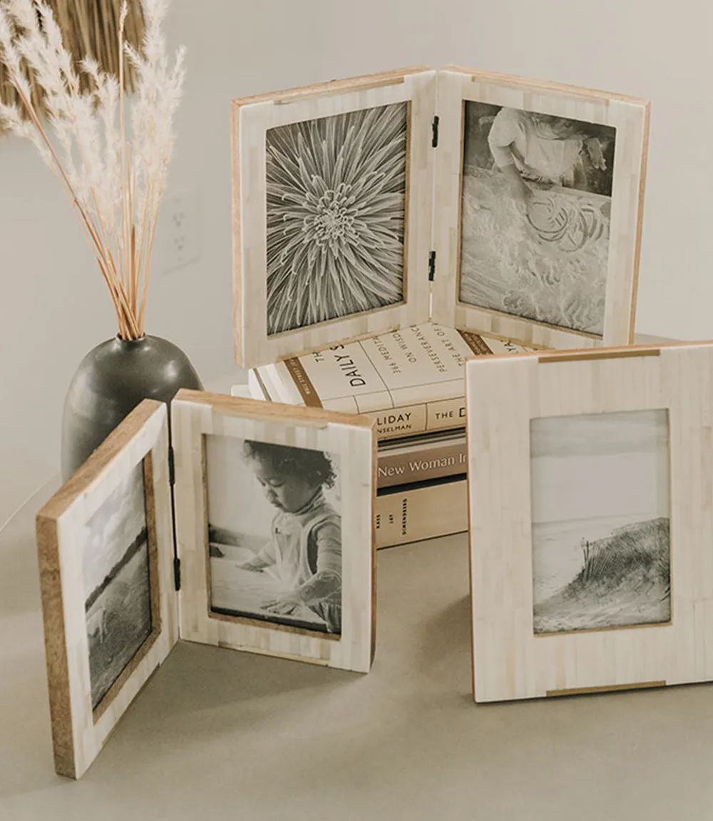 Mukhendu 4x6 Double Picture Frame - Carved Bone, Brass Accent
