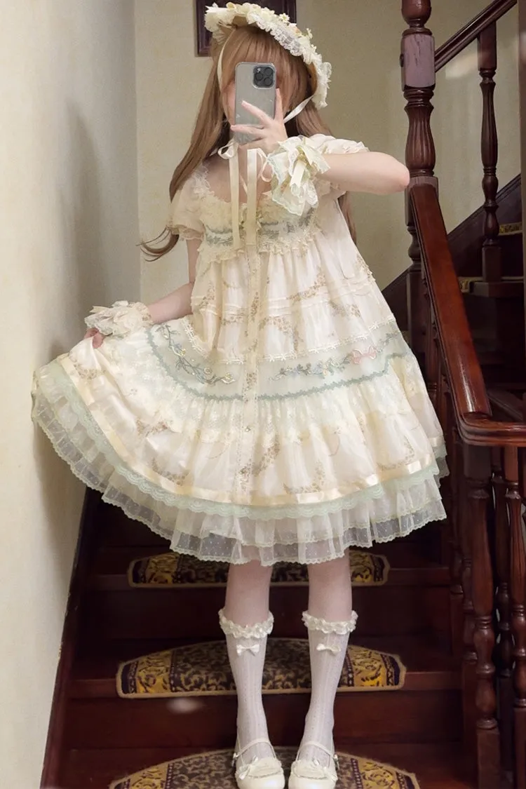 Multi-Color [Daisy Poetry] Print Ruffle Hollow Embroidery Lace Sweet Elegant Princess Lolita Dress
