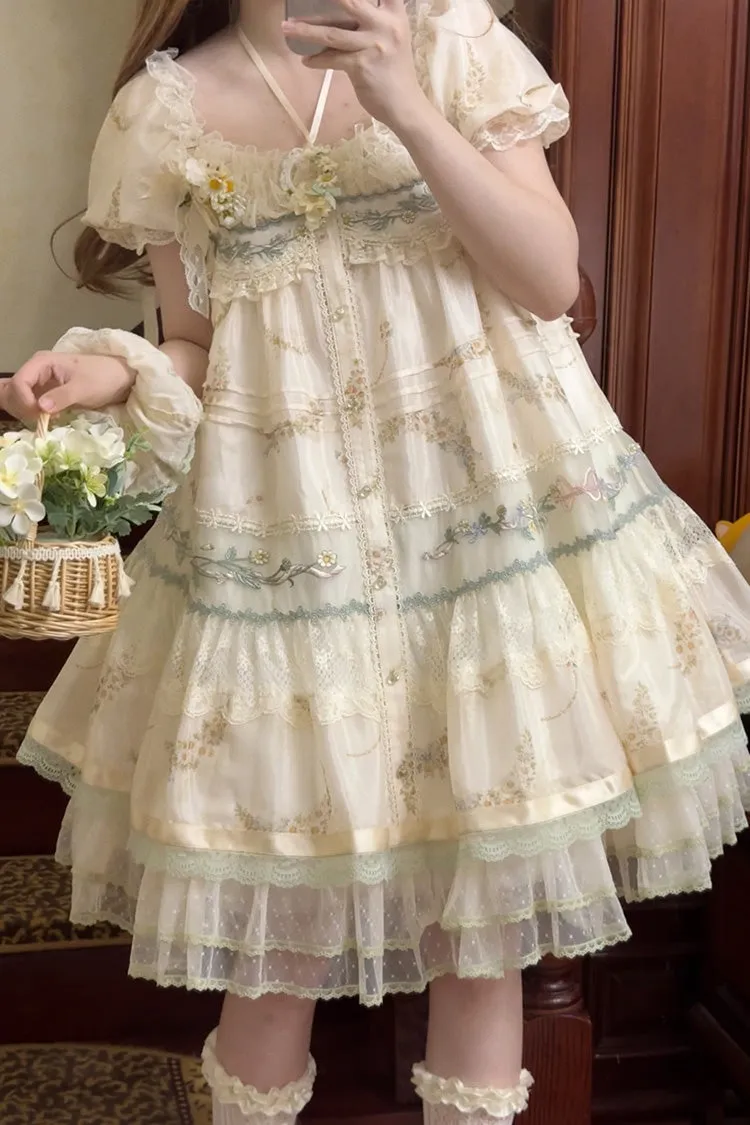 Multi-Color [Daisy Poetry] Print Ruffle Hollow Embroidery Lace Sweet Elegant Princess Lolita Dress