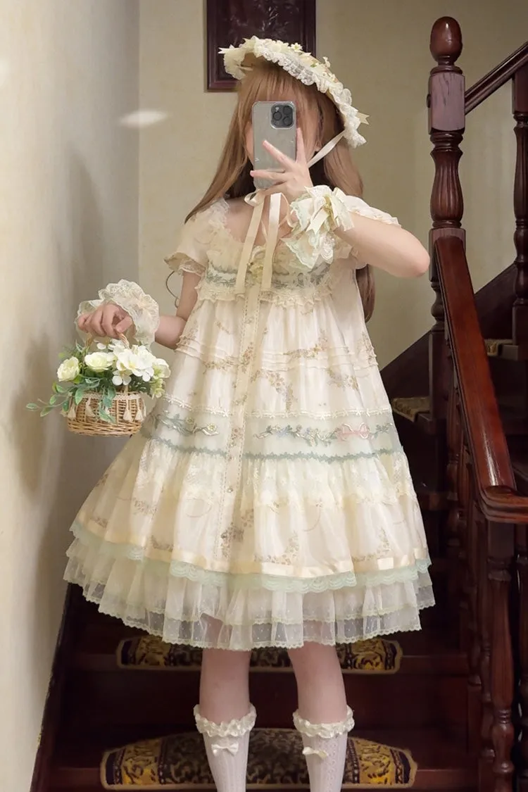 Multi-Color [Daisy Poetry] Print Ruffle Hollow Embroidery Lace Sweet Elegant Princess Lolita Dress