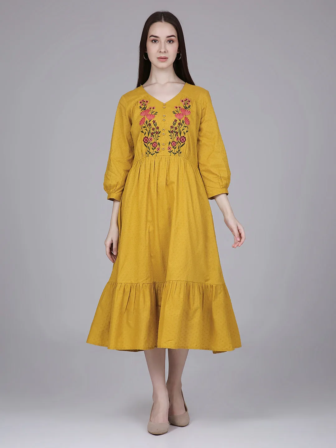 Mustard Cotton Tiered Midi Dress