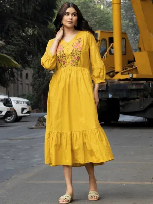Mustard Cotton Tiered Midi Dress