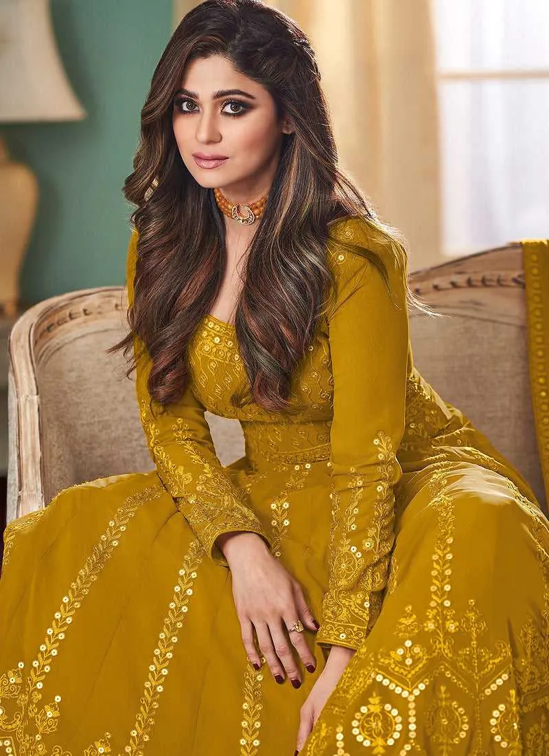 Mustard Heavy Embroidered Gown Style Anarkali