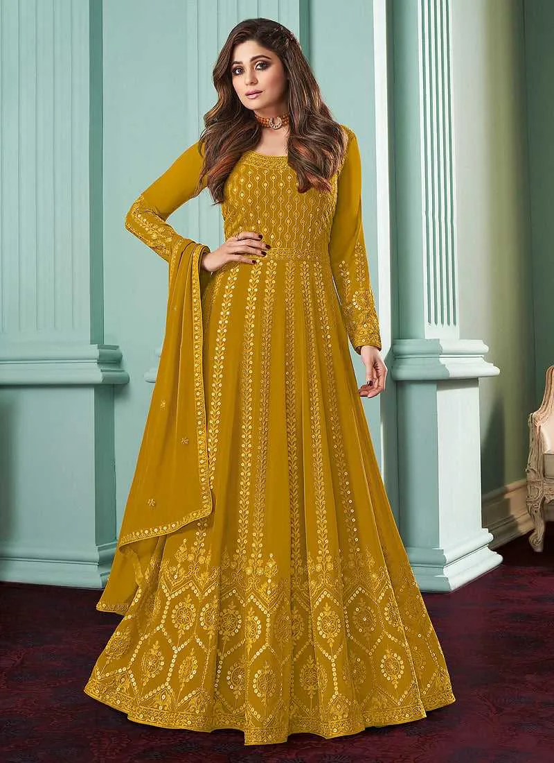 Mustard Heavy Embroidered Gown Style Anarkali