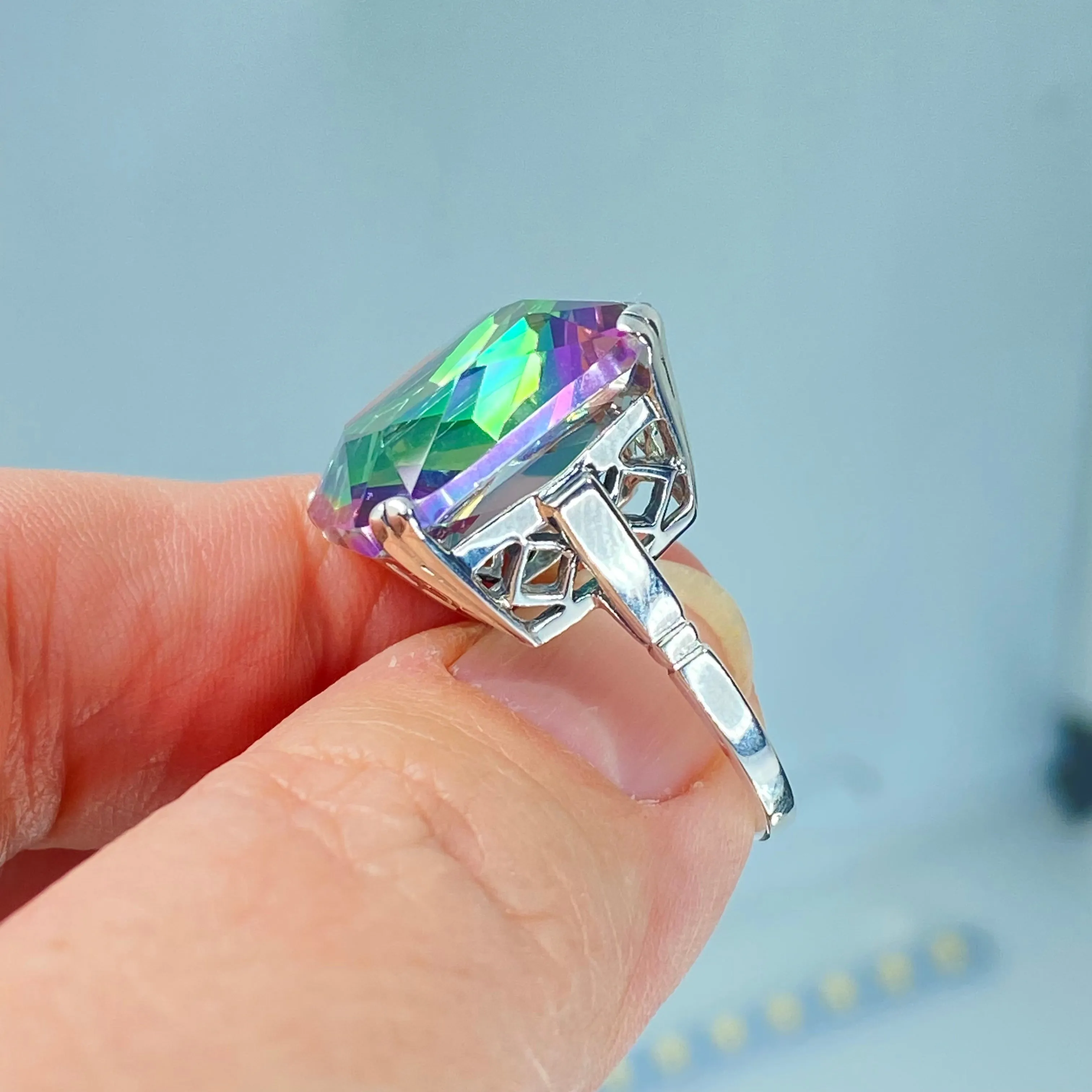 Mystic Topaz Ring, Size 6.5, Big 20ct Huge Square Gem, Vintage Jewelry #D1 - Ready to Ship