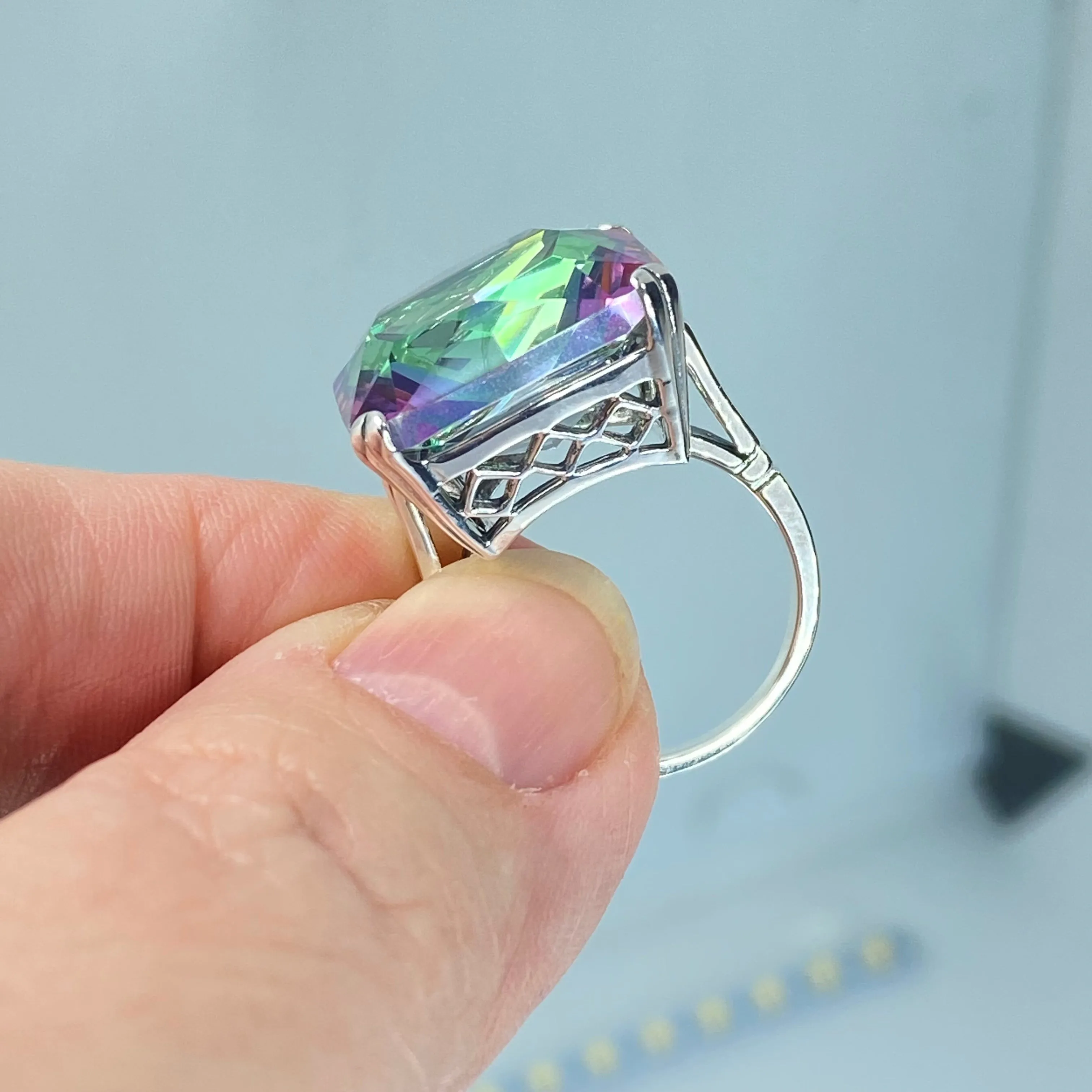 Mystic Topaz Ring, Size 6.5, Big 20ct Huge Square Gem, Vintage Jewelry #D1 - Ready to Ship