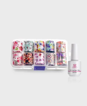 Nail Art Foil Glue with FLOWER FOIL Stickers Set