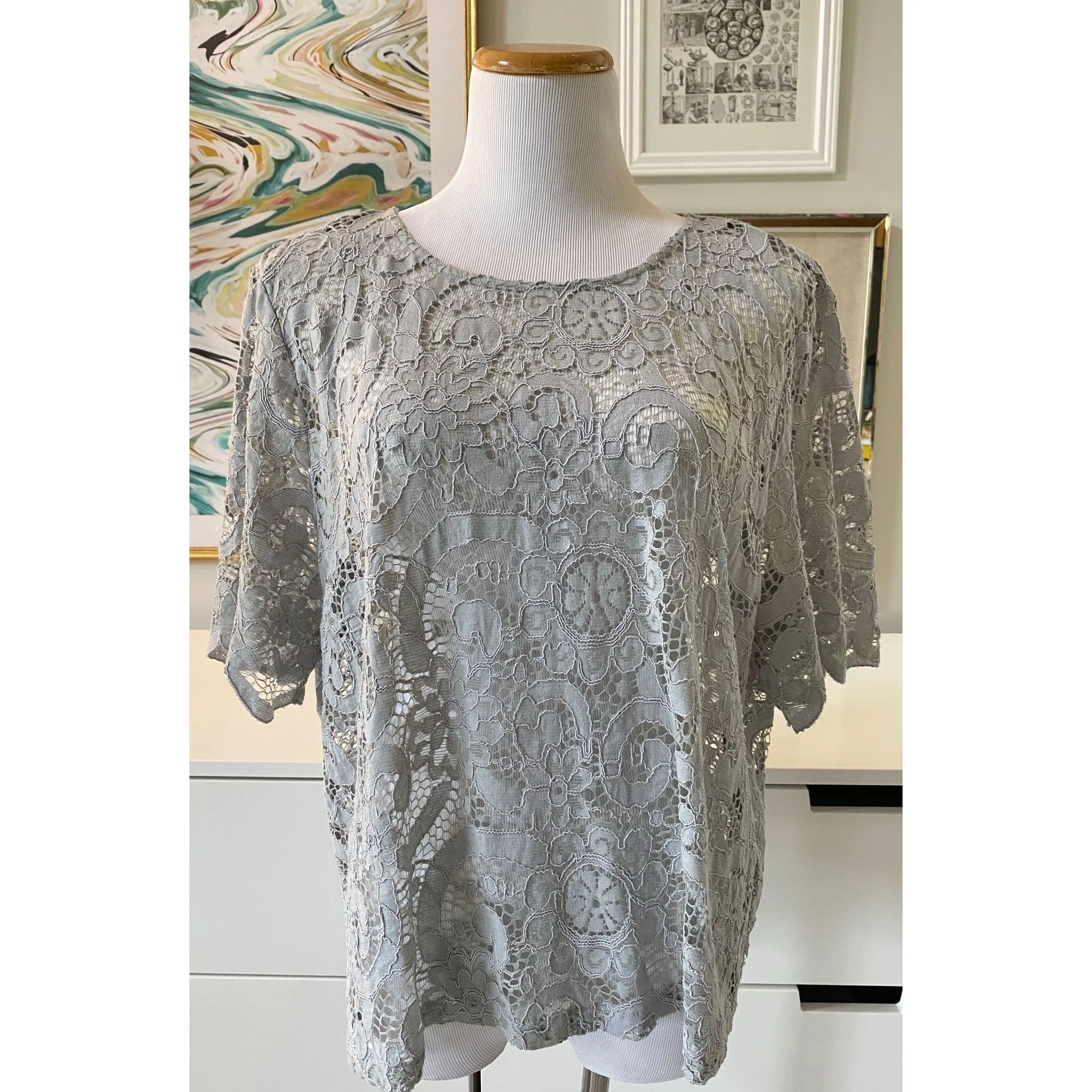 Nanette Lepore 3/4 Sleeve Gray Lace Blouse