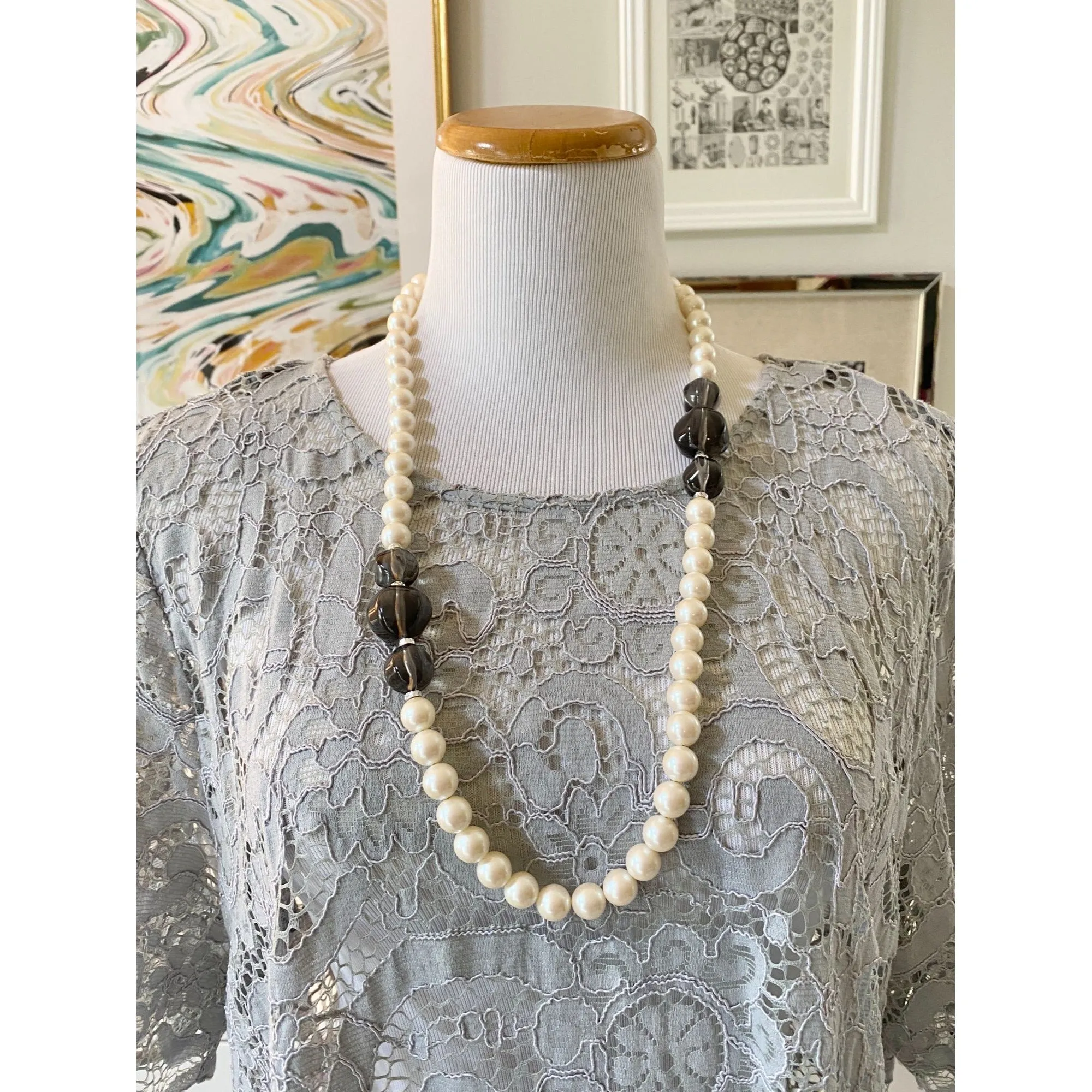 Nanette Lepore 3/4 Sleeve Gray Lace Blouse