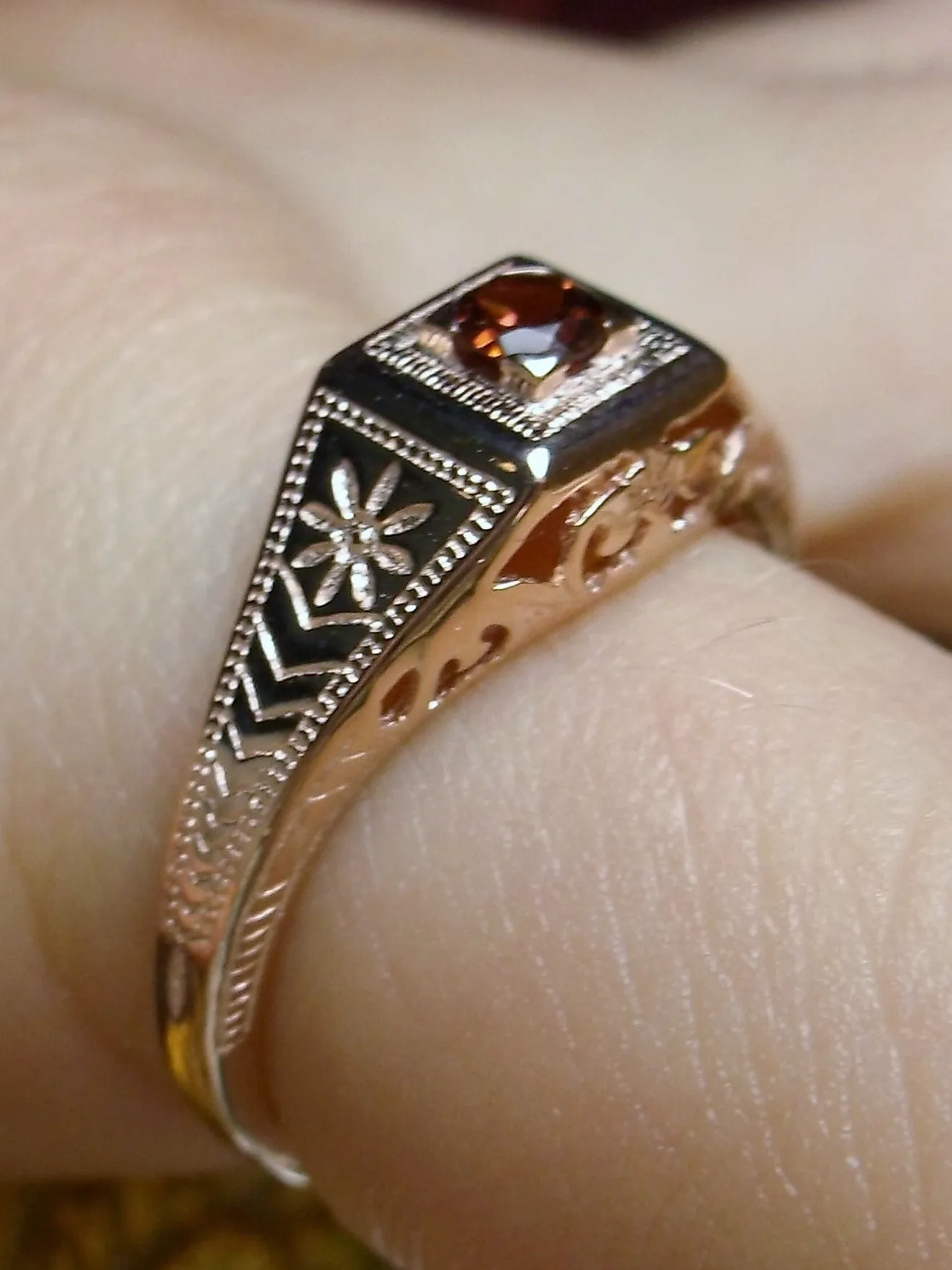 Natural Garnet Ring, Rose Gold, Art Deco Jewelry #D155