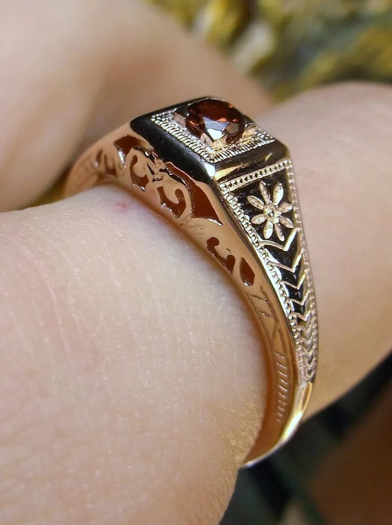 Natural Garnet Ring, Rose Gold, Art Deco Jewelry #D155