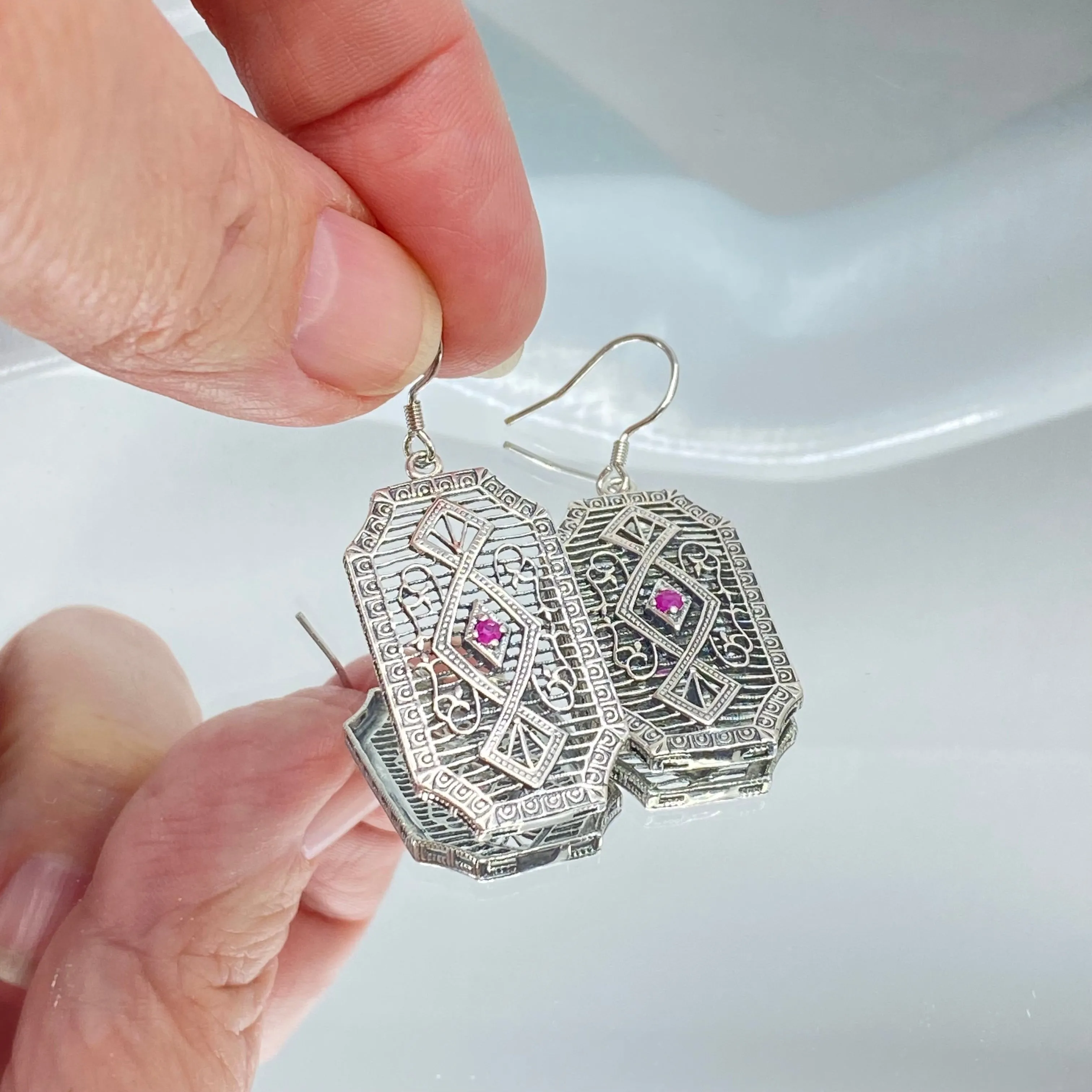 Natural Ruby Earrings, Geometric Art Deco Inspired Vintage Revival Jewelry #E357 - Ready to Ship