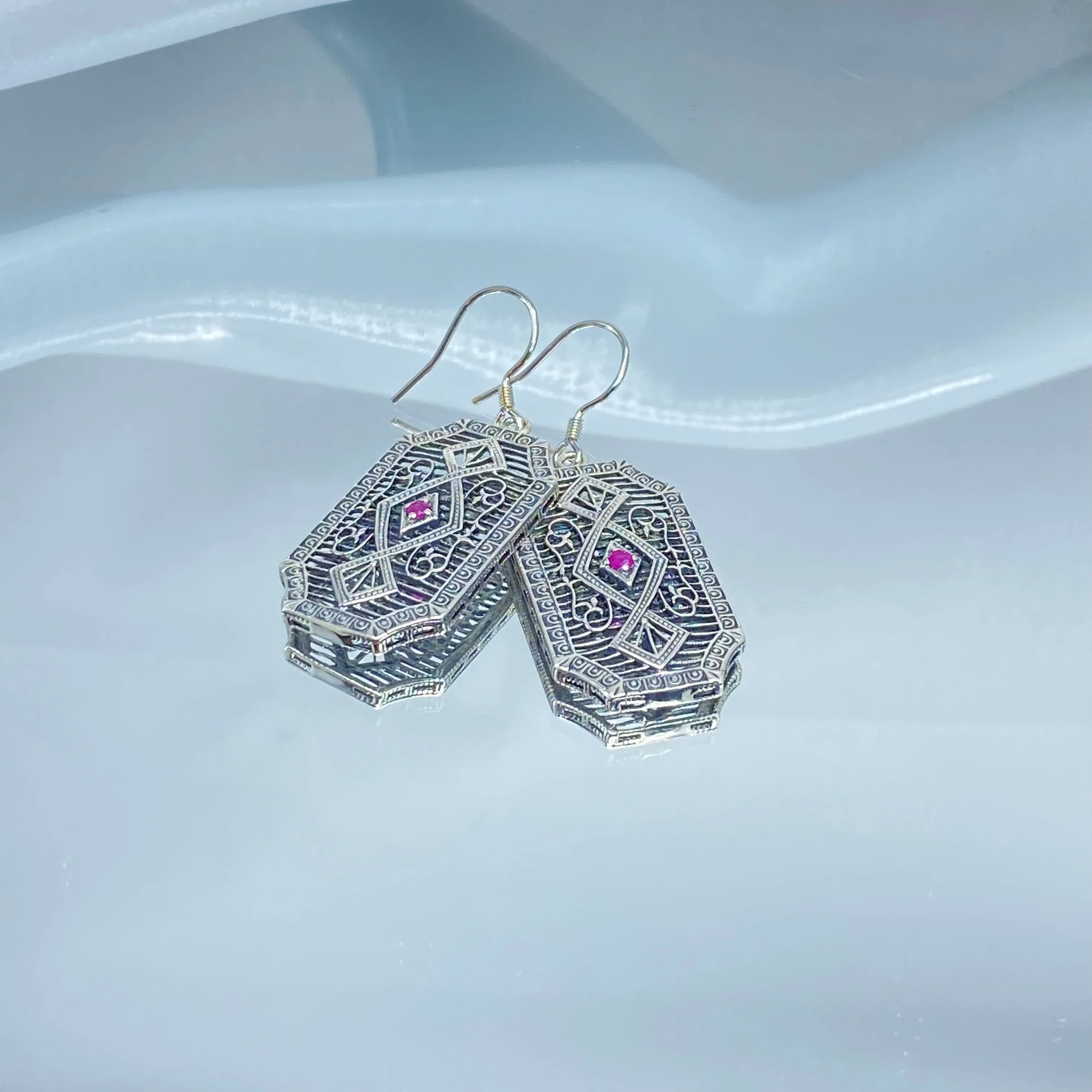 Natural Ruby Earrings, Geometric Art Deco Inspired Vintage Revival Jewelry #E357 - Ready to Ship