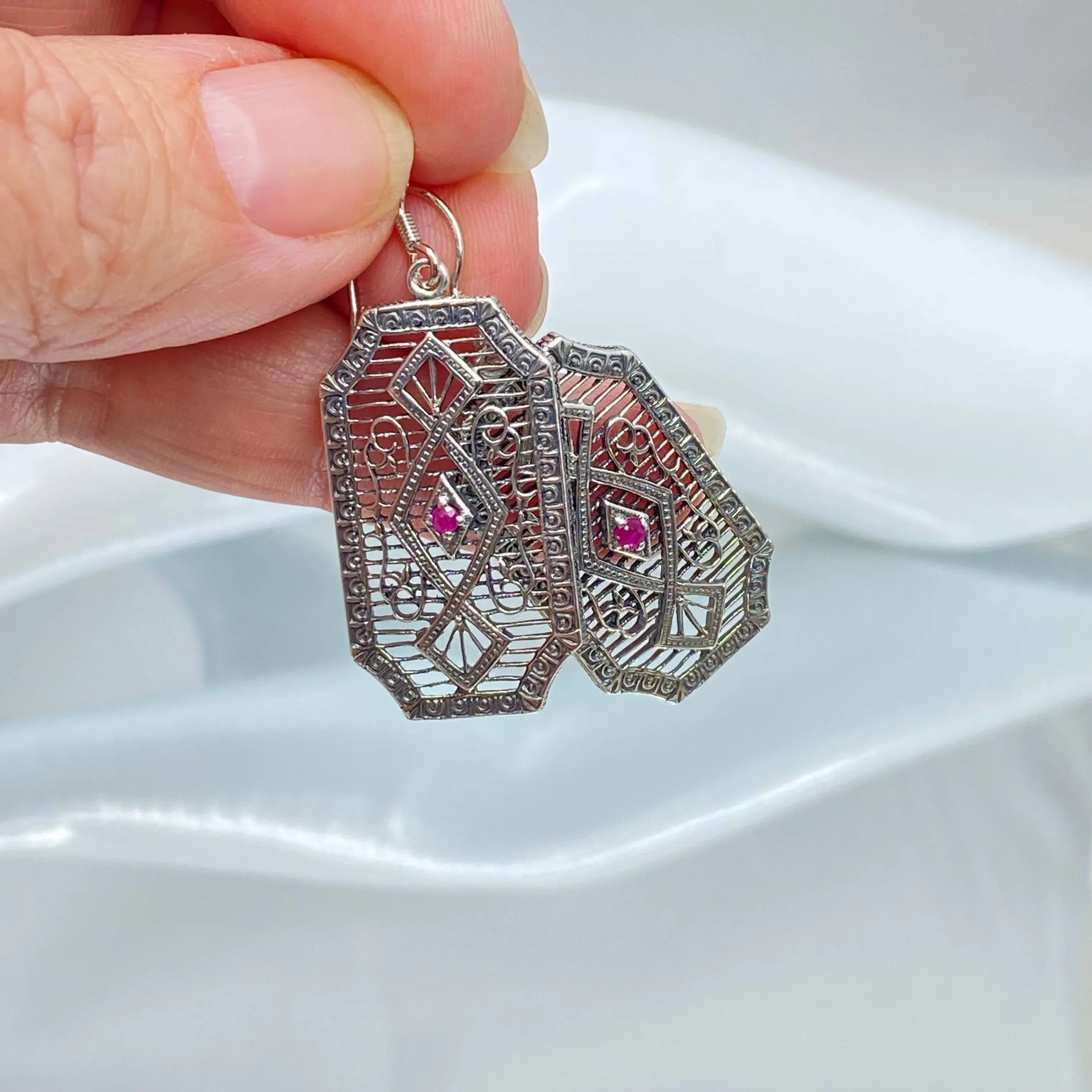 Natural Ruby Earrings, Geometric Art Deco Inspired Vintage Revival Jewelry #E357 - Ready to Ship