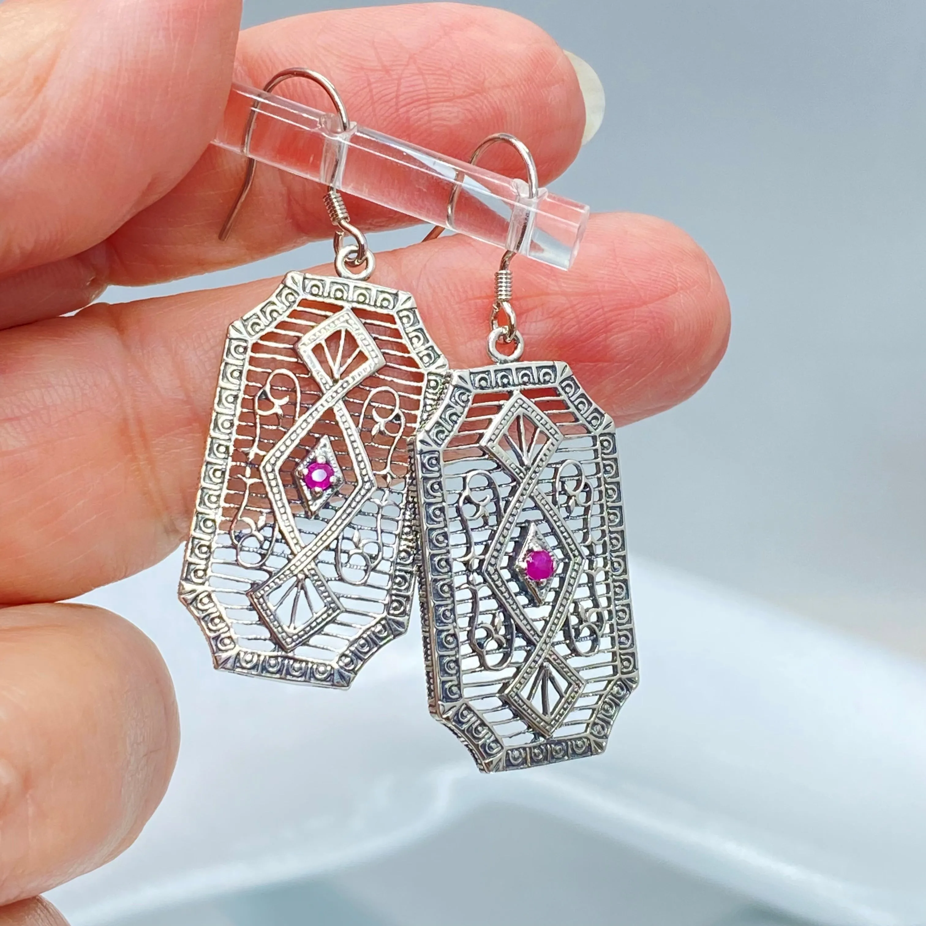 Natural Ruby Earrings, Geometric Art Deco Inspired Vintage Revival Jewelry #E357 - Ready to Ship