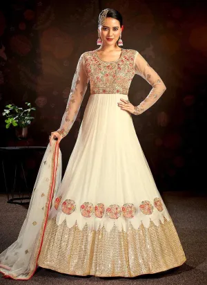 Off White Floral Embroidered Stylish Kalidar Anarkali