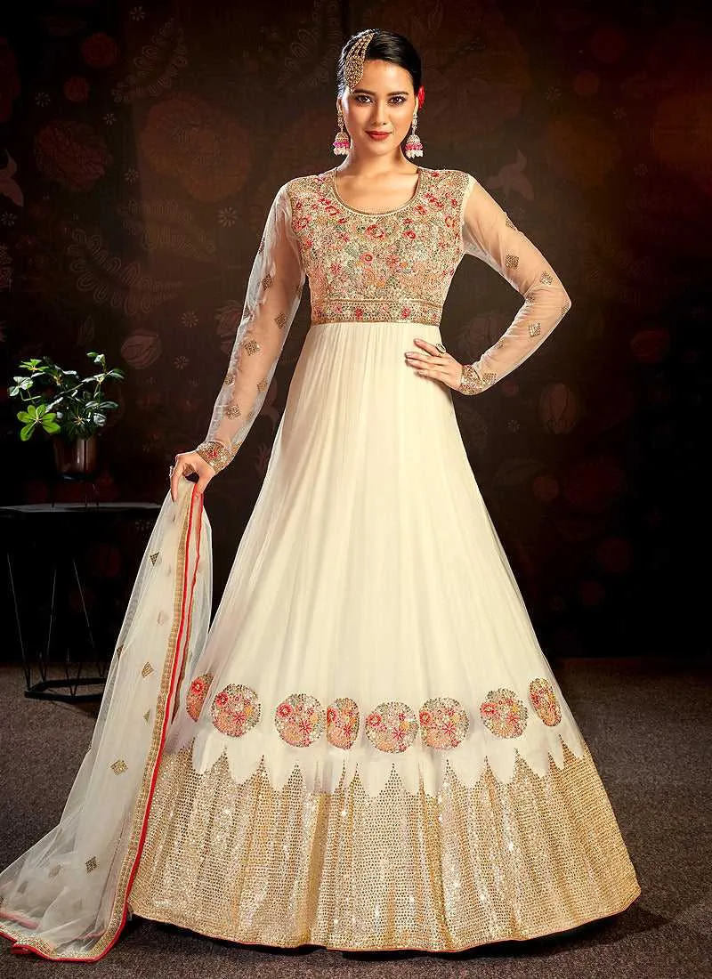 Off White Floral Embroidered Stylish Kalidar Anarkali